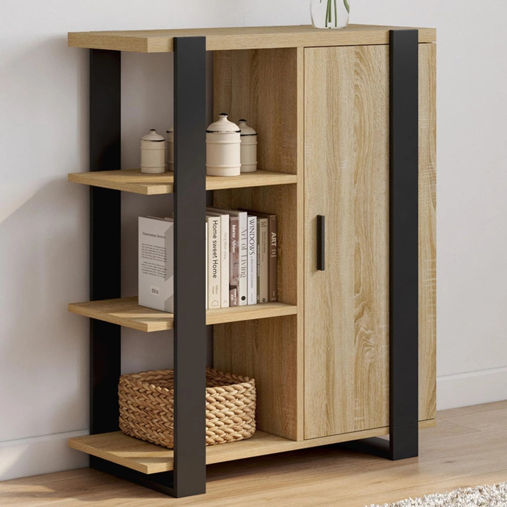 Credenza PHOENIX a 3 ripiani con armadio, 70 cm, legno e nero