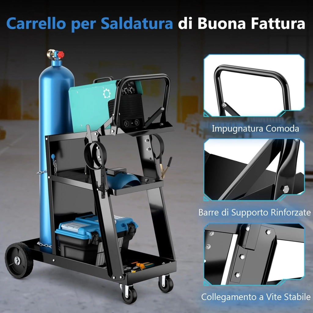 Carrello da Saldatura a 3 Livelli, Carrello per Saldatore con Struttura in Metallo, 4 Ruote Bloccabili Universal e Spazio per Serbatoio con Catene Anti-Ribaltamento, Carrello per Officina