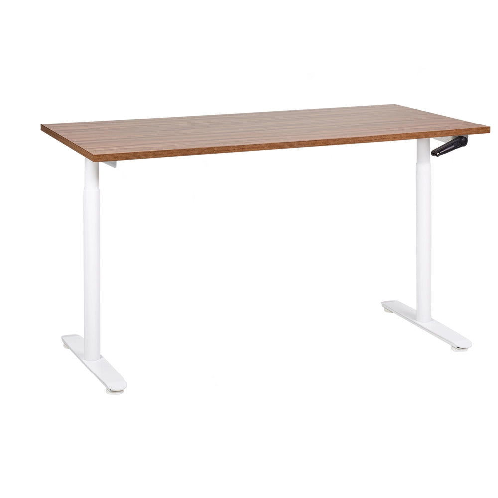 Scrivania regolabile manualmente piano in legno scuro e bianco struttura in acciaio verniciato a polvere sedersi e stare in piedi 160 x 72 cm