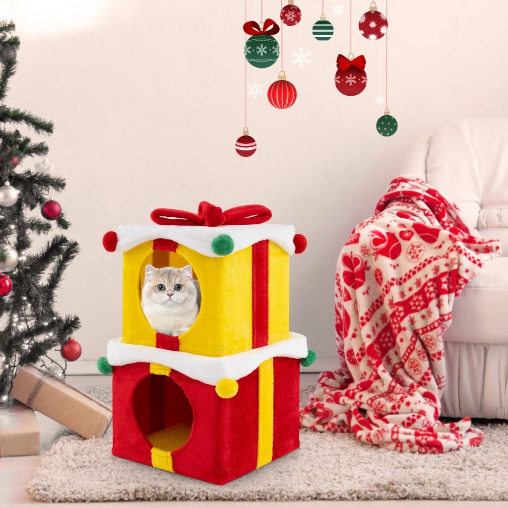 Casetta di Natale per gatti a 2 piani con fiocco, Kit di condo a forma di regalo impilabili con 2 condo Colorato-Lettini e divanetti