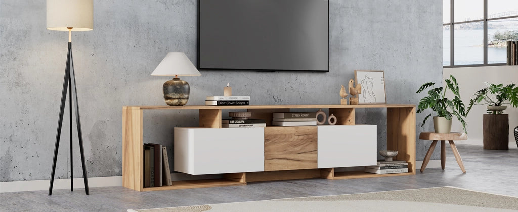 Cassettiera TV bianca e naturale in truciolare; lunghezza 180 cm