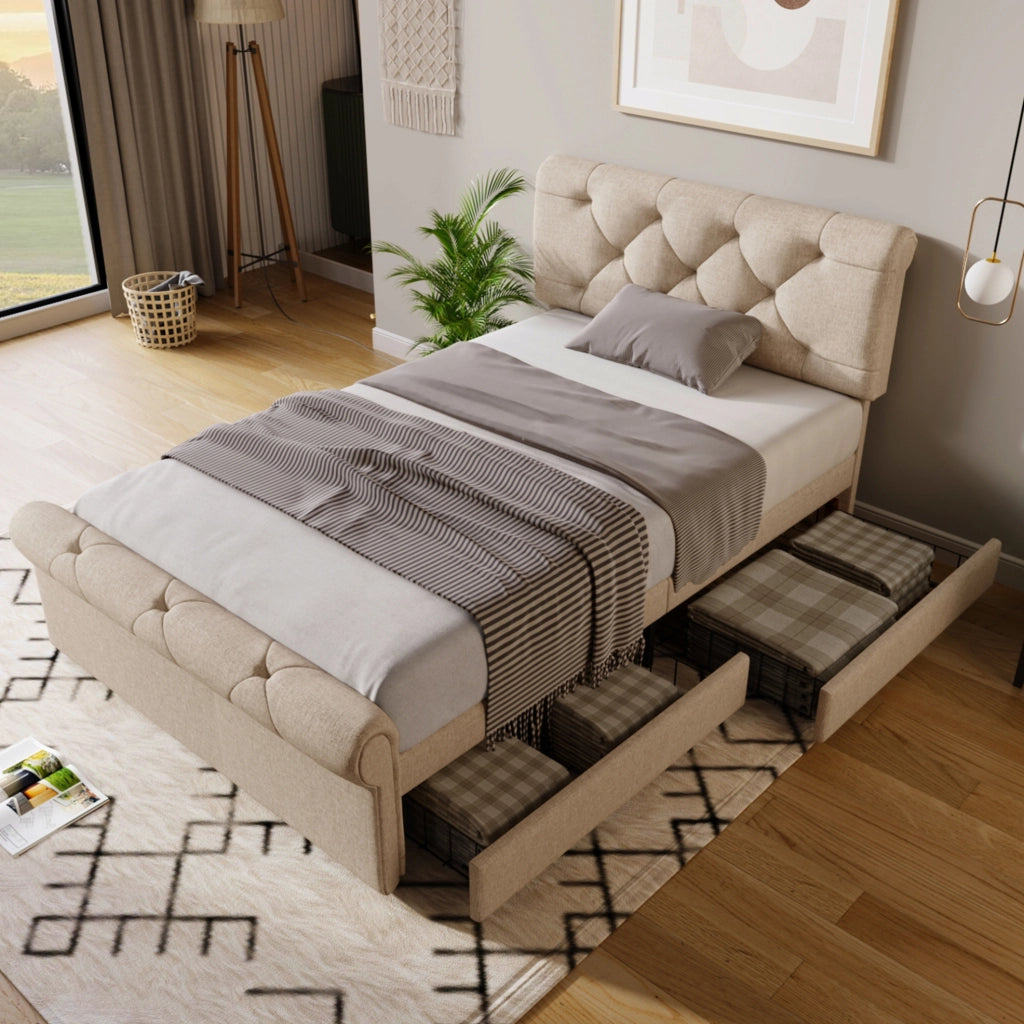 Letto singolo imbottito 90x200 cm con 2 cassetti; testiera regolabile e materasso; naturale