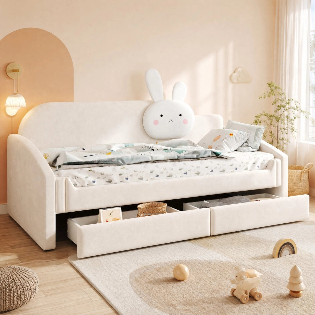 LETTO SOFA 90x200 cm in velluto beige con LED e 2 cassetti