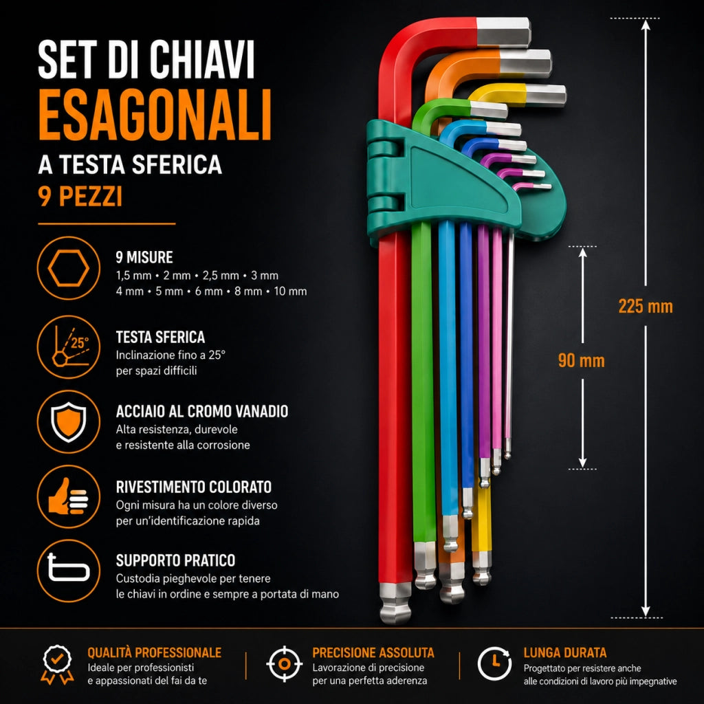 Set 9 Chiavi Brugola Esagonali Extra Lunghe Da 90 a 225mm A Sfera Colorate CR-V