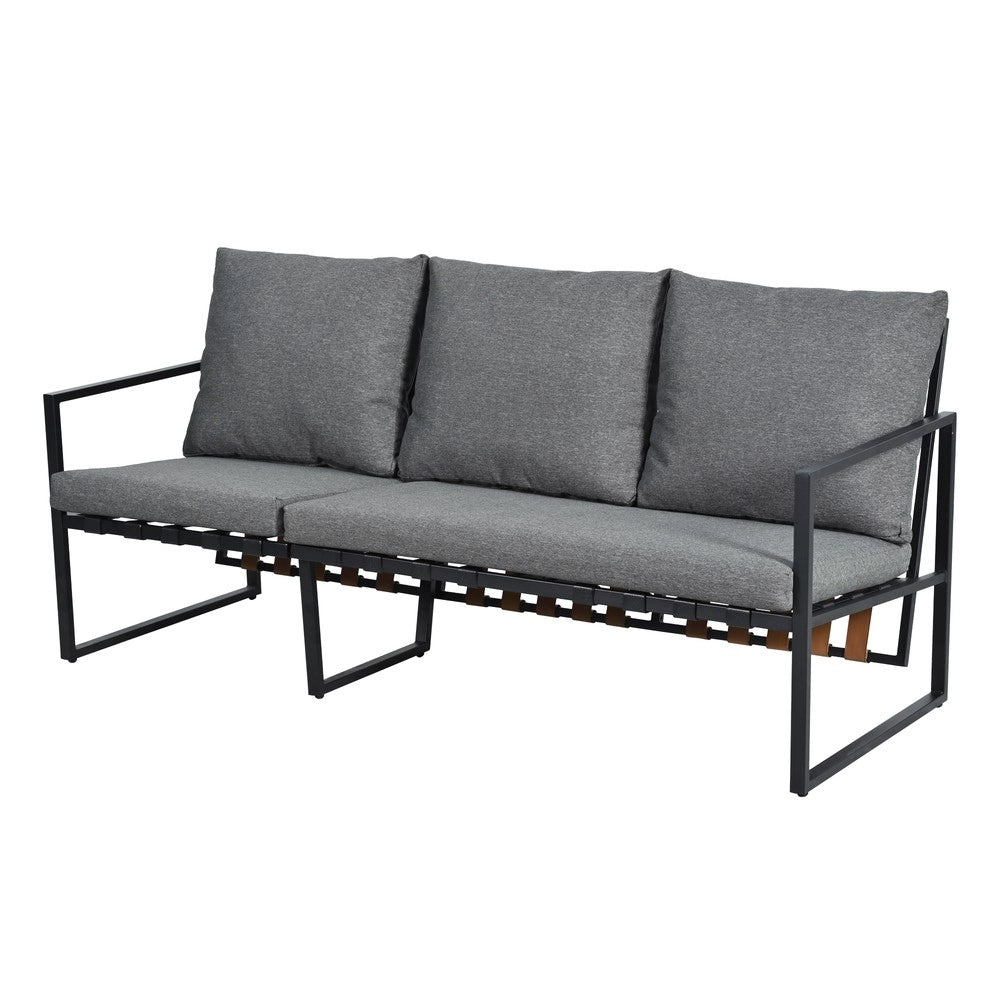 Set da giardino angolare - Zephmum - Divano + tavolino + pouf, tubo d'acciaio zincato, piano in vetro