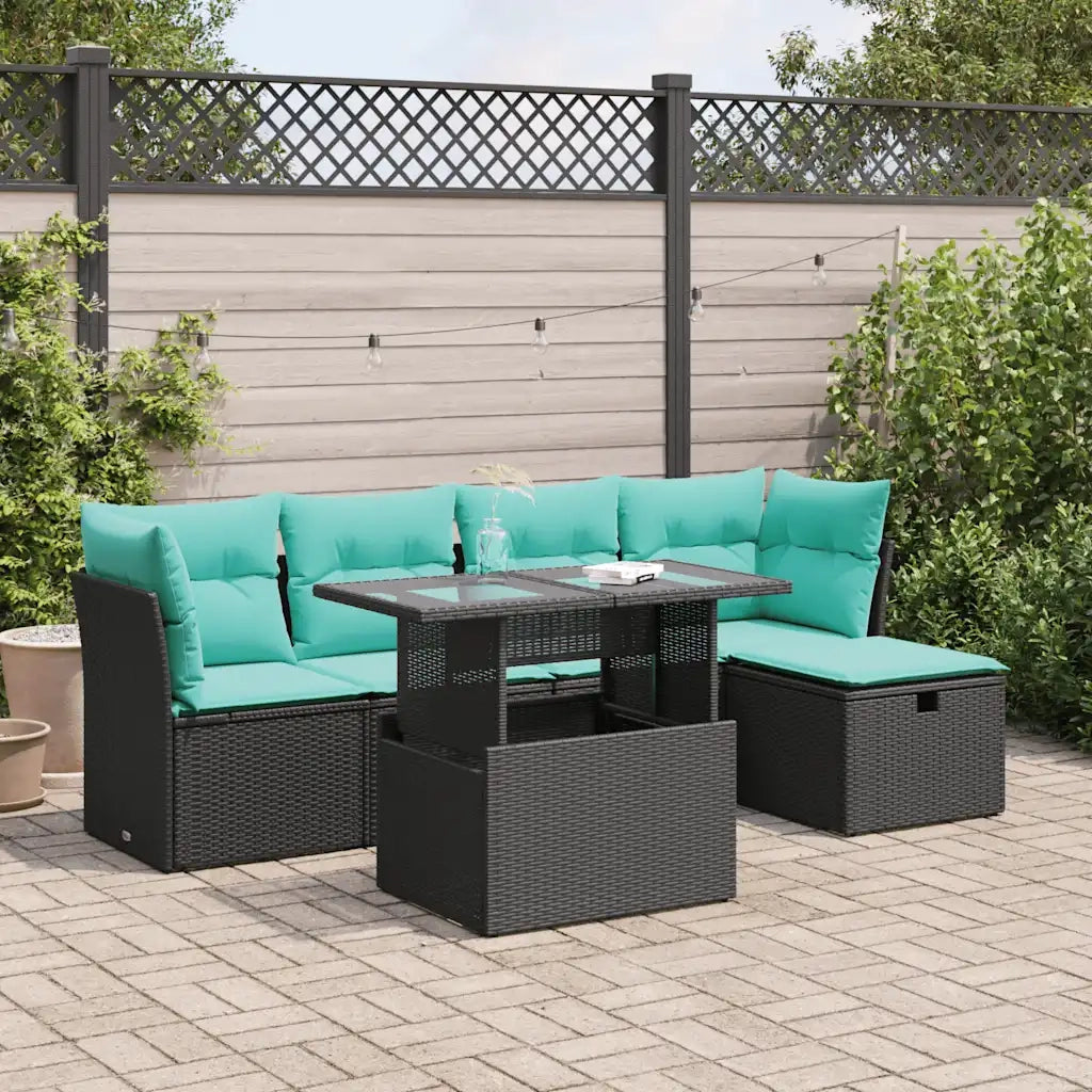 Set Divano da Giardino 6 pz con Cuscini Nero Polyrattan Acacia