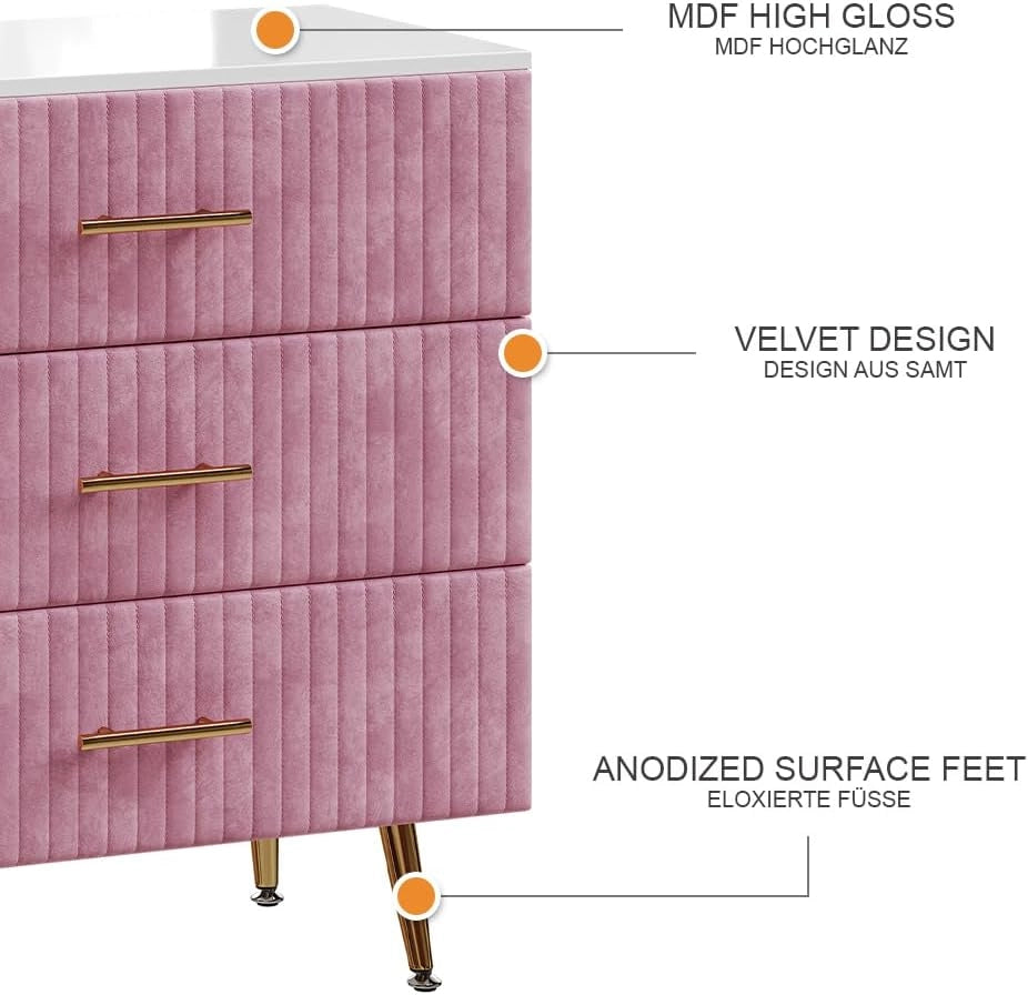 Cassettiera Velia, rosa, 70 x 78.5 cm con 3 cassetti, per riporre abiti e oggetti di uso quotidiano