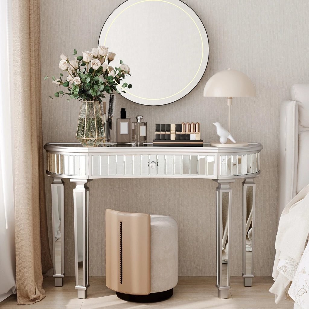 TAVOLO CONSOLLE MEZZALUNA 120 cm Grigio Argento in MDF e Vetro con Cassetto
