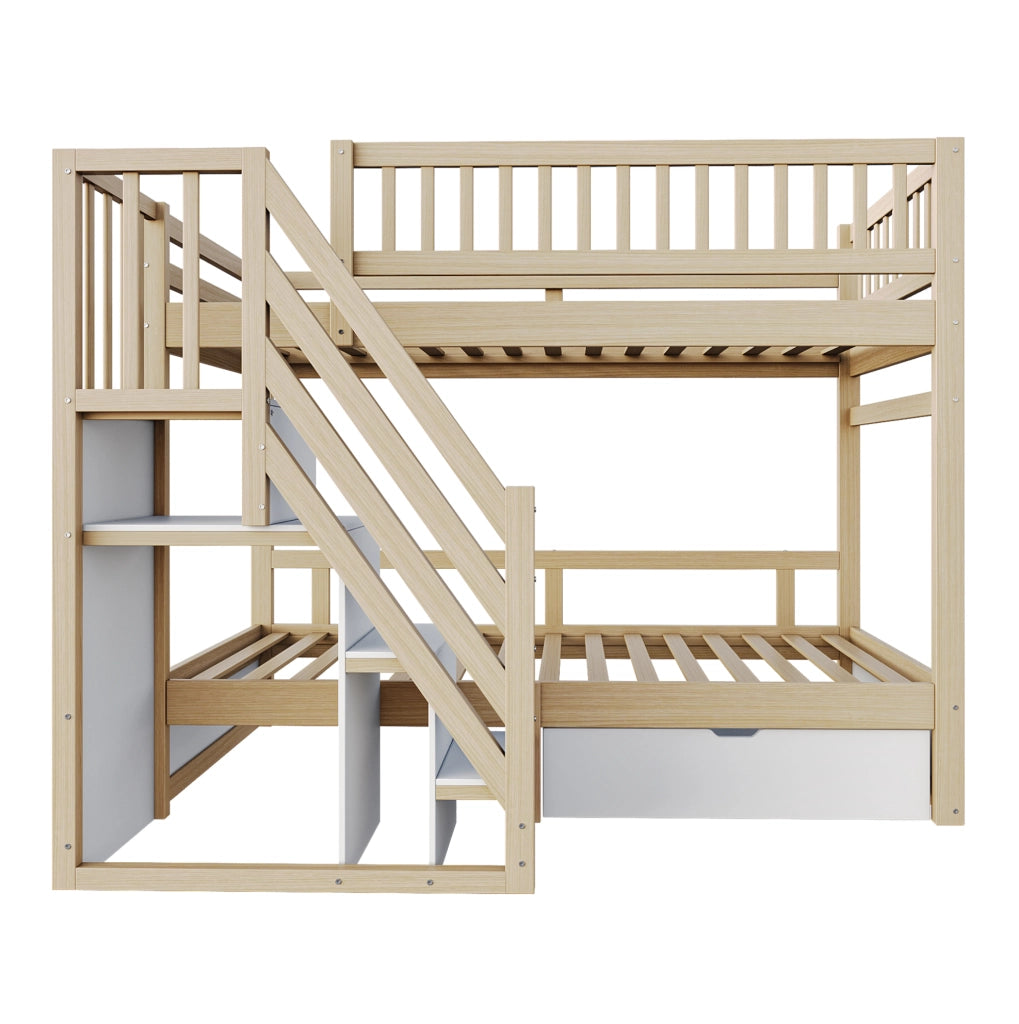 Letto a castello 90x200 cm con scale portaoggetti; cassetti; in legno bianco e colore naturale