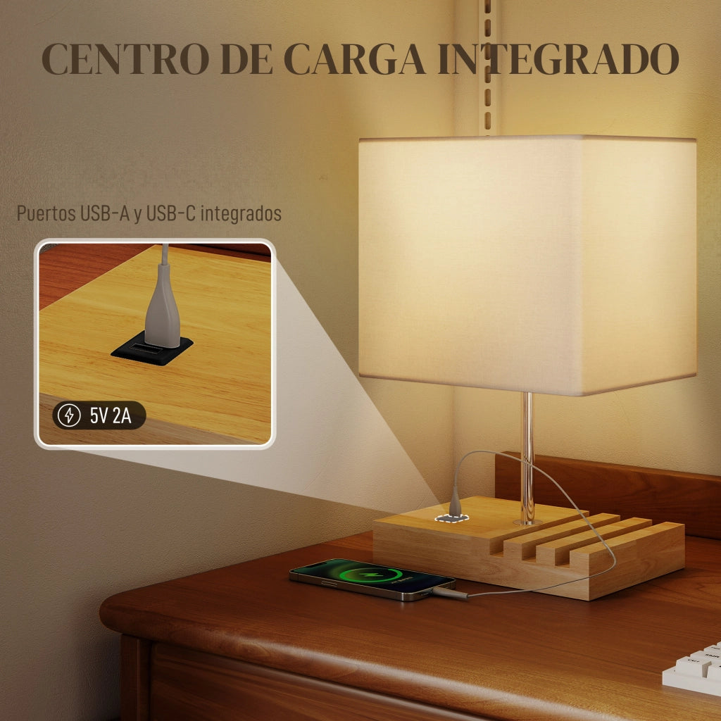Tavolino da caff¨¨ con lampada integrata e porte USB ¨C zephmum ¨C bianco, legno, tessuto