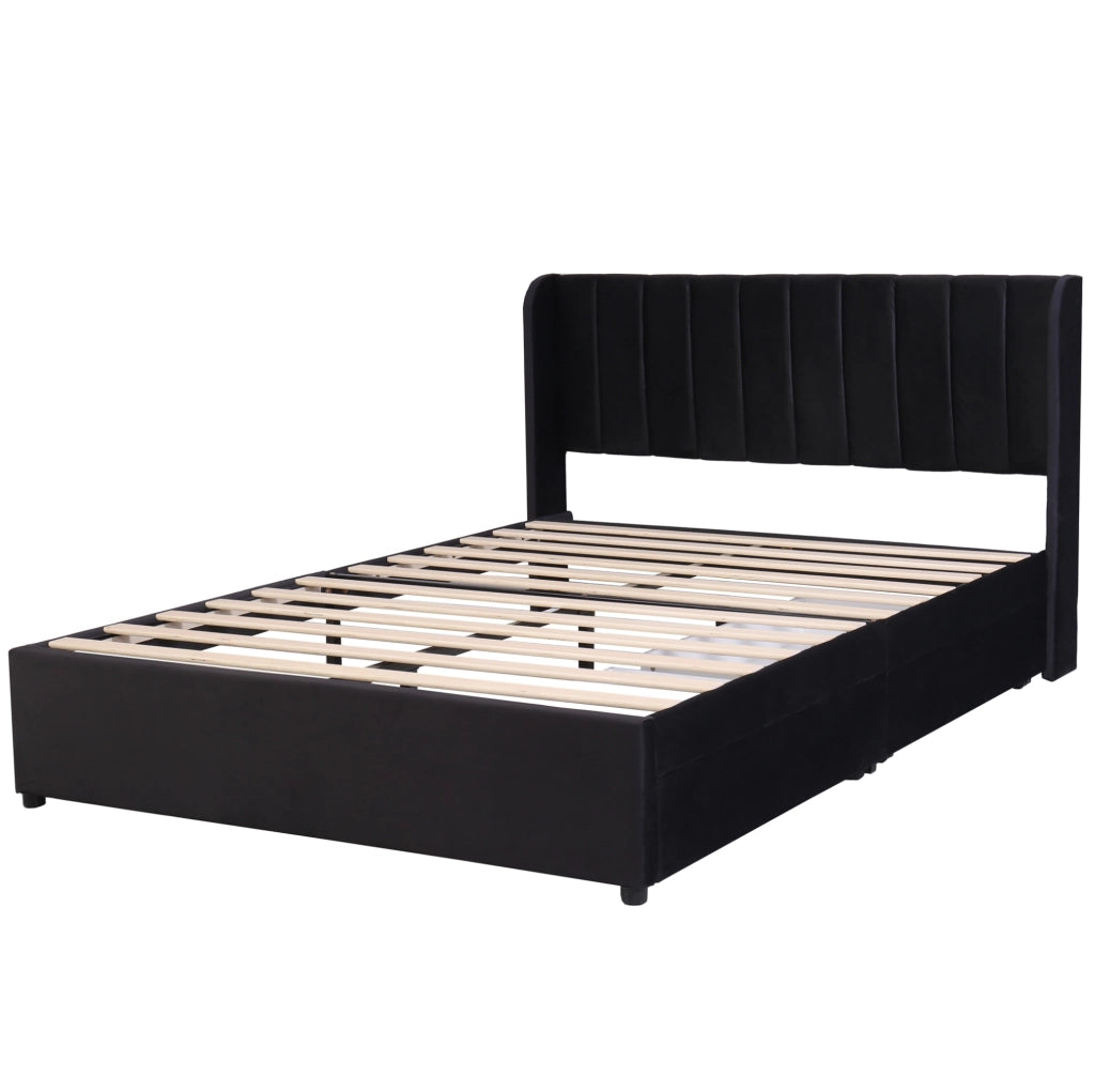 Letto imbottito 160x200 cm con 2 cassetti e rete a doghe; velluto nero
