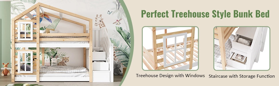 DESMIU Letto a castello casetta 90 × 200 cm 2 posti con scala contenitore, senza materasso, naturale e bianco