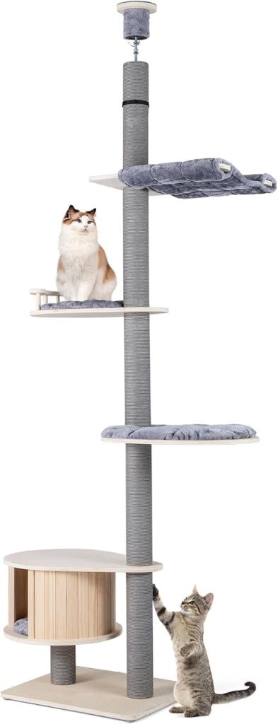 Albero per Gatti a 5 Piani, Tiragraffi per Gatti in Legno con Altezza Regolabile, Piattaforme, Condo, Tiragraffi, Piattaforme e Cuscini, Mobile da Interno per Gattini per Arrampicata