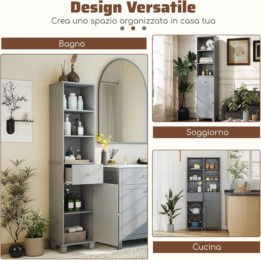 Mobile Bagno Alto 172 cm, Mobiletto Stretto da Pavimento con 3 Ripiani Aperti, 1 Cassetto, 1 Anta e Ripiano Regolabile, Armadietto Salvaspazio Indipendente per Cucina e Soggiorno (Grigio)