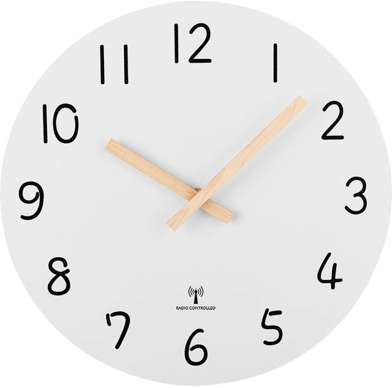 Orologio analogico a controllo remoto, orologio da parete in legno senza cornice, 30 cm, movimento quartz silenzioso, maniglie in noce rustico, decorativo per camera da letto e soggiorno, bianco.