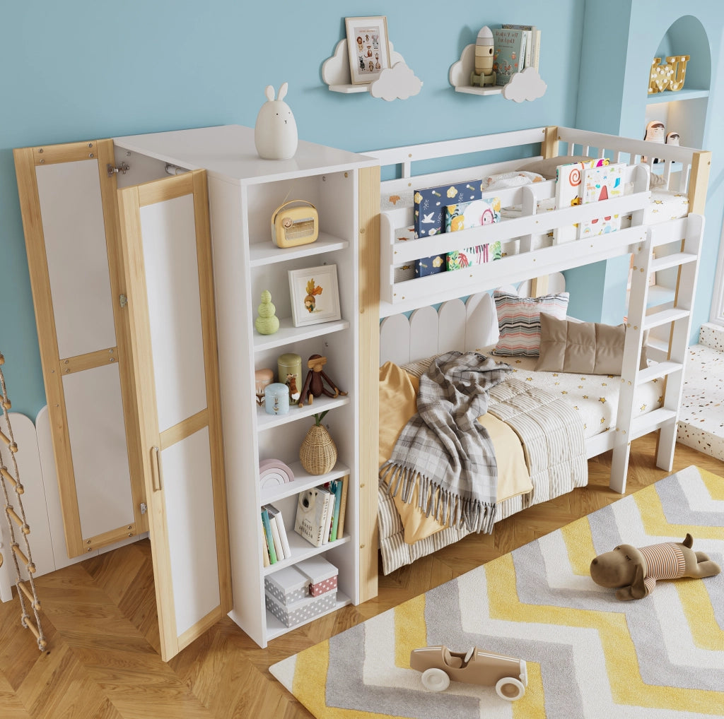 Letto a castello per bambini 90x200 cm con armadio laterale; scala a 4 gradini; bianco/naturale