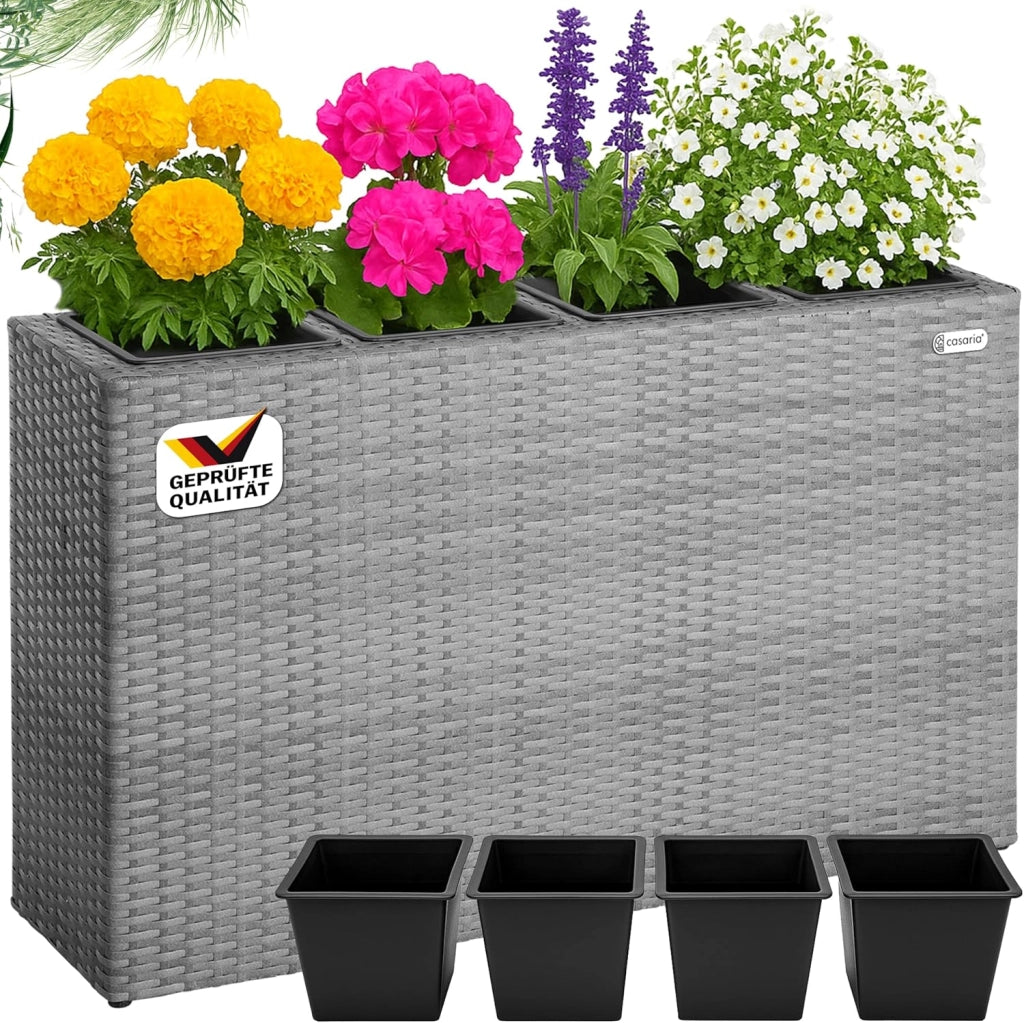 Fioriera Rettangolare 95x27x60 cm con 4 Vasi Interni in Polyrattan con Sistema di Drenaggio Fioriere Porta Vaso da Fiori Piante Divisorio Giardino Balcone Terrazza Marrone