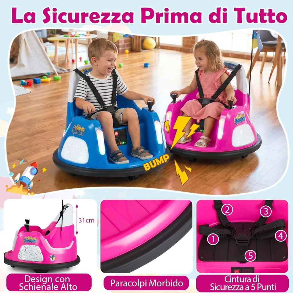 12V Autoscontro Elettrico per Bambini, Macchina Elettrica per Bambini con Luci, Telecomando e Doppio Joystick, Rotazione a 360° per Bambini 18-72 Mesi (Rosa)