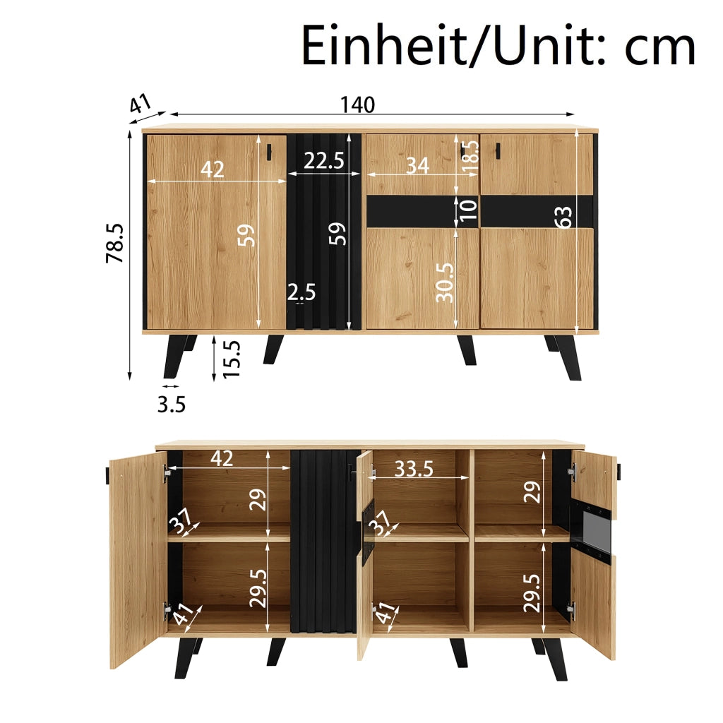 Credenza con 3 Ante e Ripiani Interni; LED e Anta in Vetro; Stile Rustico Moderno; in Pannello di Particelle; Naturale; 140¡Á41¡Á78;5 cm