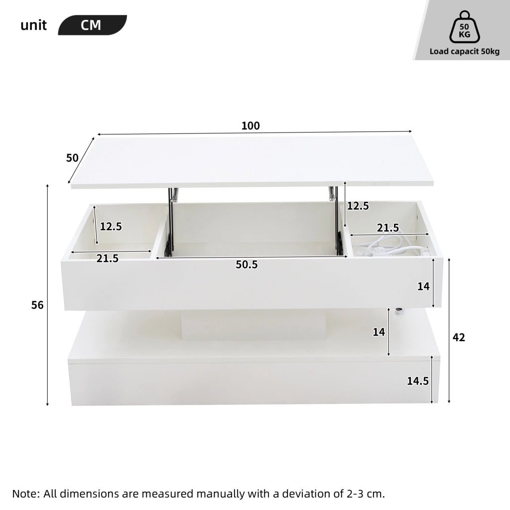 Tavolino da caffè alzabile con vano nascosto e LED - per soggiorno - 100×50×42 cm - bianco