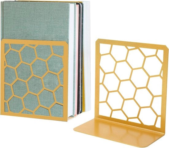 Supporti per libri in stile geometrico a forma di libro in metallo, coppia in oro (1 coppia)