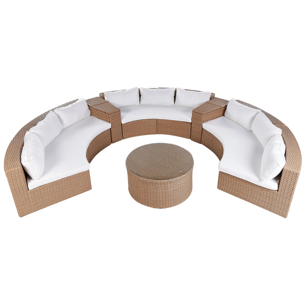 Set divano ad angolo da giardino beige sabbia finto rattan a forma di U 9 posti cuscini bianchi curvi con tavolo set di conversazione