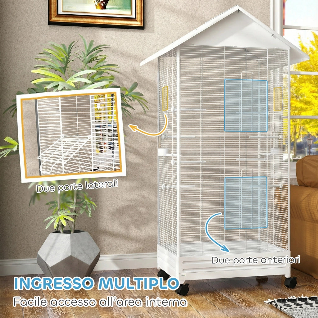 Gabbia per Uccelli Voliera 79x65x155 cm con Ruote in Acciaio Bianco