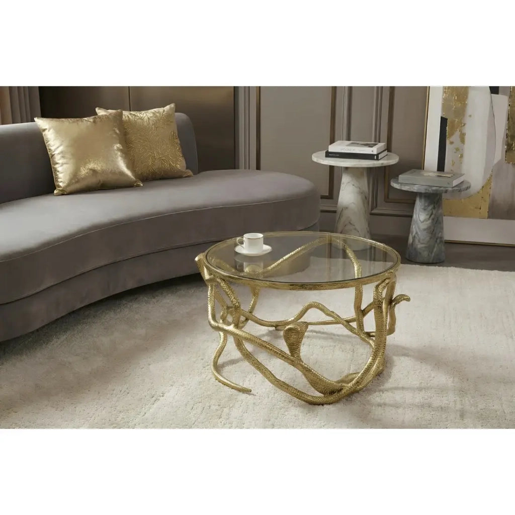 Tavolino basso VIPEREA rotondo 67 cm dorato con serpenti in alluminio e vetro temperato