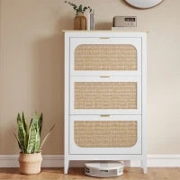 Mobile porta scarpe 21 paia bohémien con 3 cassetti ribaltabili, porte effetto cannage in rattan, 80 x 24 x 131 cm, bianco