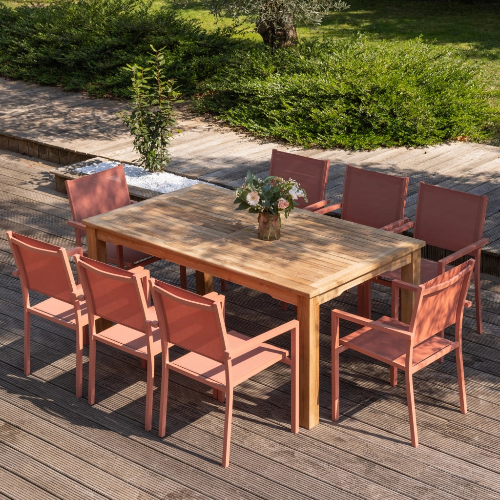 Set di mobili da giardino JAVA in teak con sedie in alluminio color terracotta - 8 posti a sedere