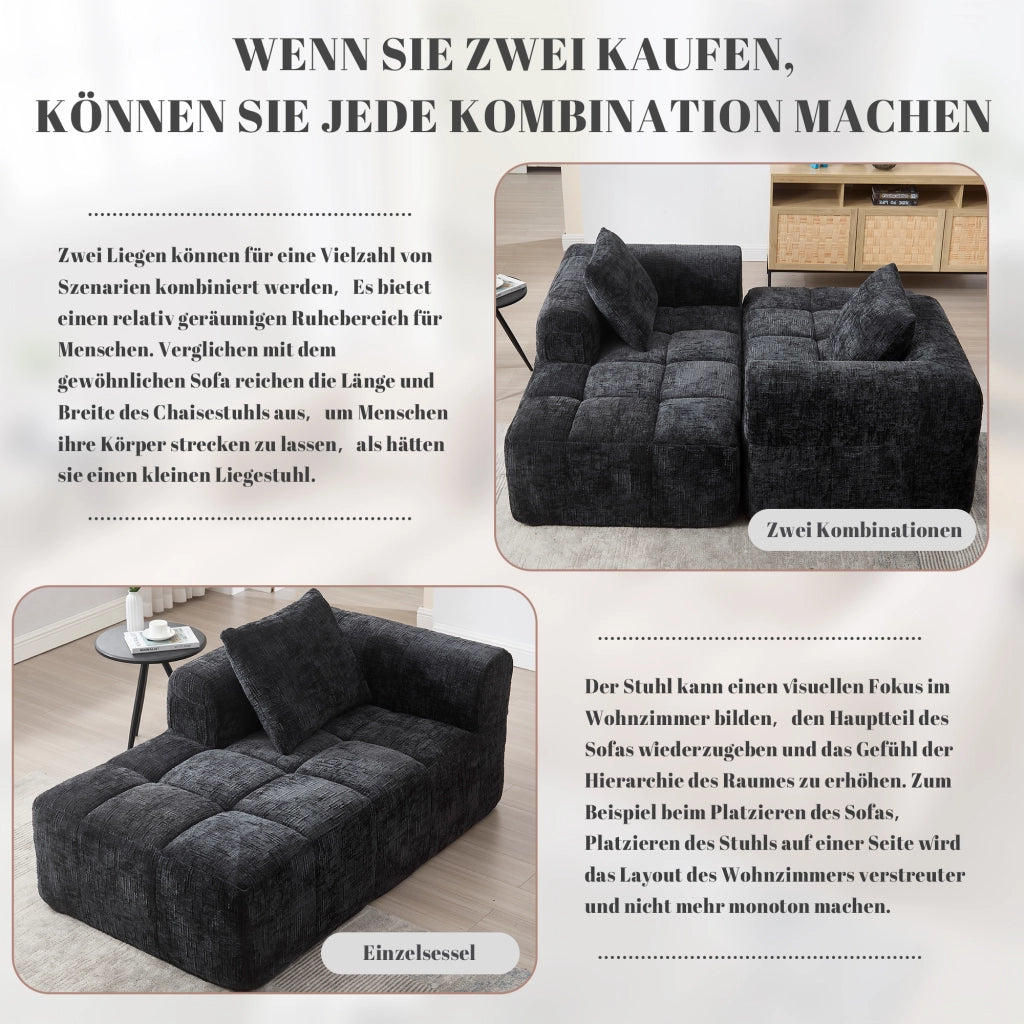 DIVANO Chaise longue 158x90x60 cm Chenille Nero con cuscino