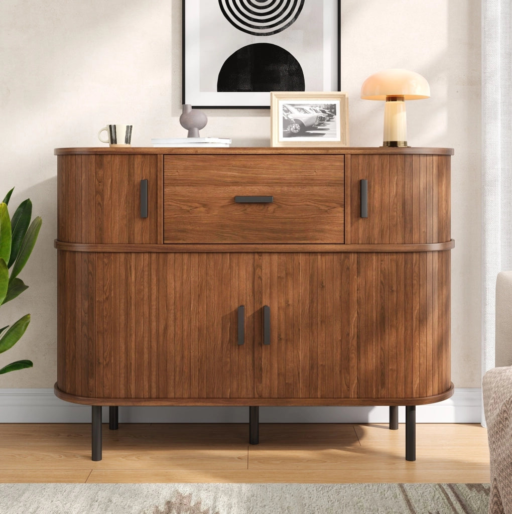 Credenza a due livelli con ante scorrevoli e cassetto; 110x35x81;5 cm; MDF e truciolare; noce