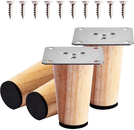 4 pezzi di sostituzione per gambe di mobili in legno di 8 cm - legno massello con viti di fissaggio e gomme antiscivolo