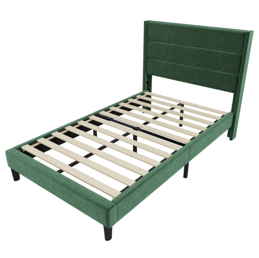 Letto imbottito 90x200 cm con testiera e rete; velluto verde