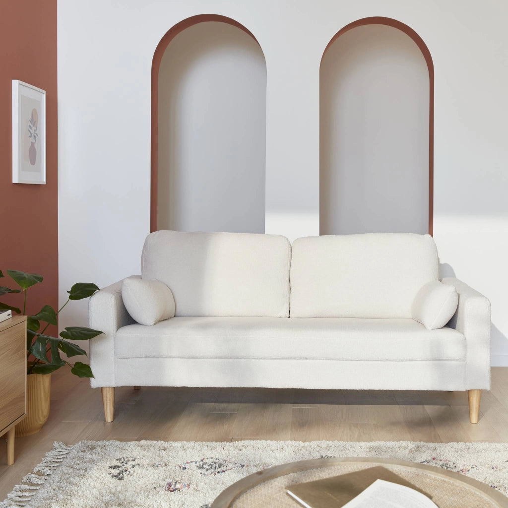 Divano stile scandinavo in legno e bouclé, 3 posti, crema