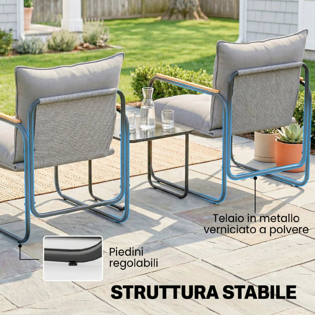 Set Bistr¨° 3 Pezzi. Mobili Esterno Metallo con Cuscini. Grigio Scuro