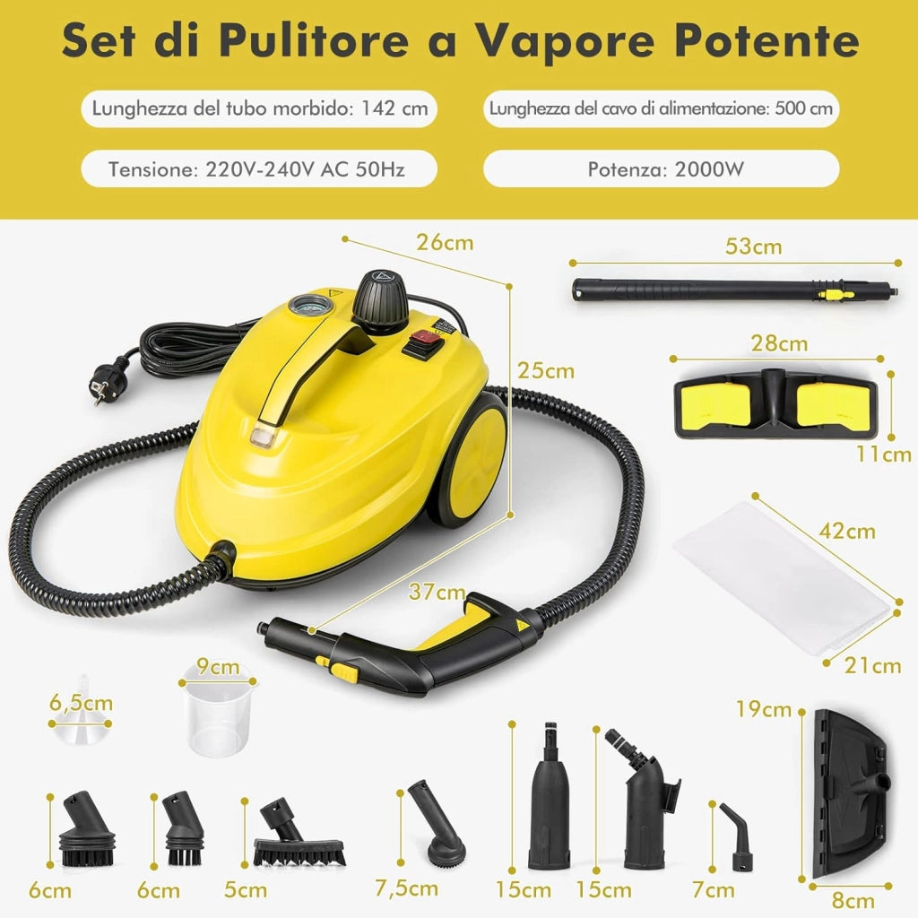 2000W Pulitore a Vapore, Macchina per Pulizia Rotante con 13 Accessori, Capacità d'Acqua di 1,8L, Macchina a Vapore Multiuso per Tappeti Finestre Vetri e Tende (Giallo)