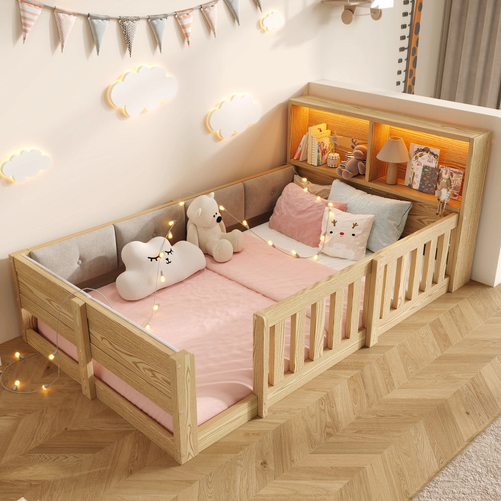 Letto Singolo 90 x 200 cm con LED e contenitore nella testiera - in truciolare; Naturale