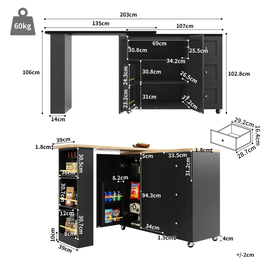 Tavolo bar girevole 360° in MDF nero con 3 cassetti