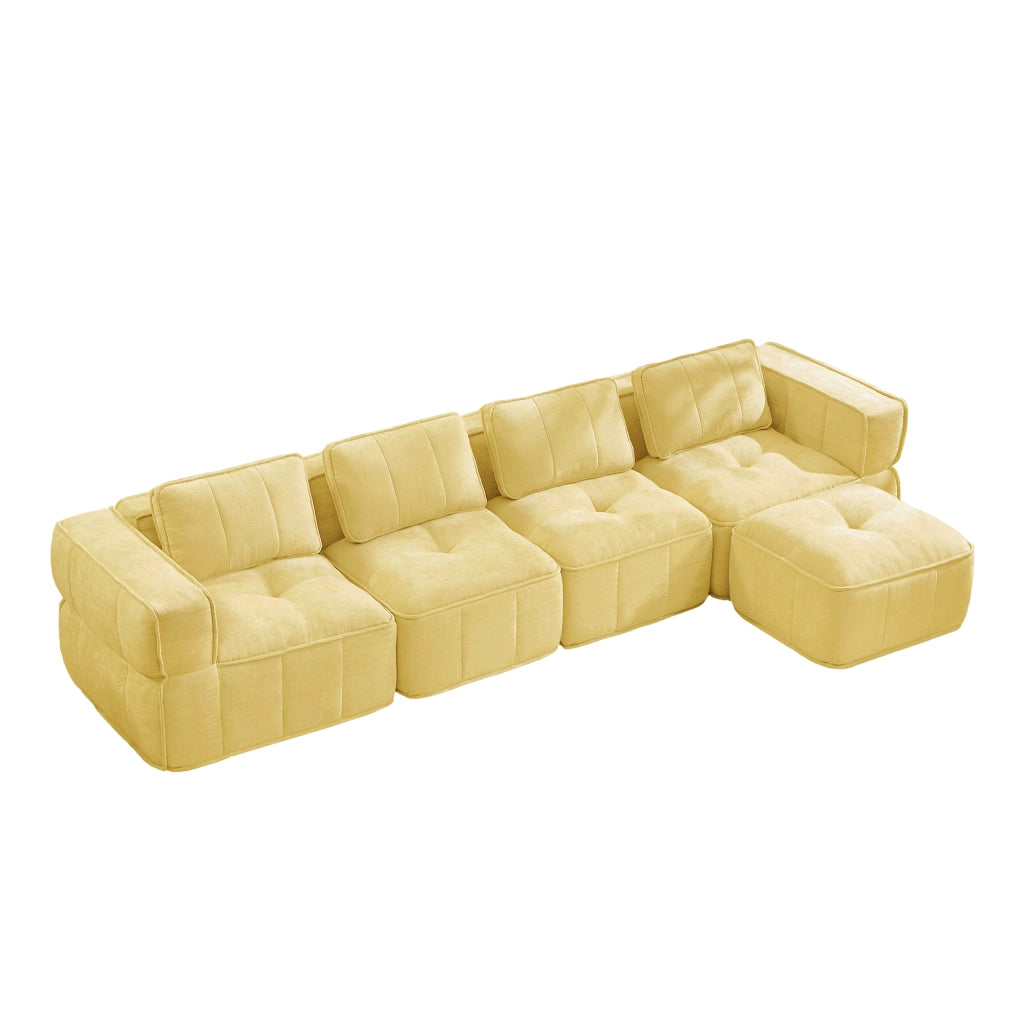 Divano modulare ad angolo senza struttura con pouf, seduta profonda e rivestimento in poliestere giallo per soggiorno