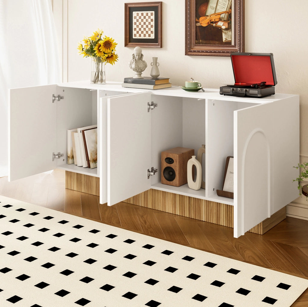 Sideboard 160x38x75 cm con 4 ante e ampio spazio contenitivo in pannello truciolare bianco e naturale