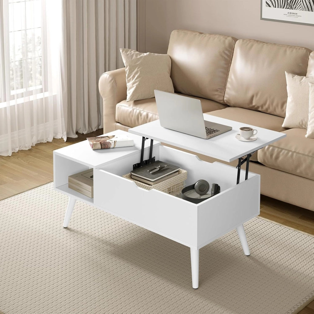 Tavolino da Caffè Sollevabile e Allungabile, Tavolo con Spazio Interno e Scomparto Aperto, Tavolino da Salotto per Soggiorno, 100x50x(43-57) cm, Bianco, BTS26ws