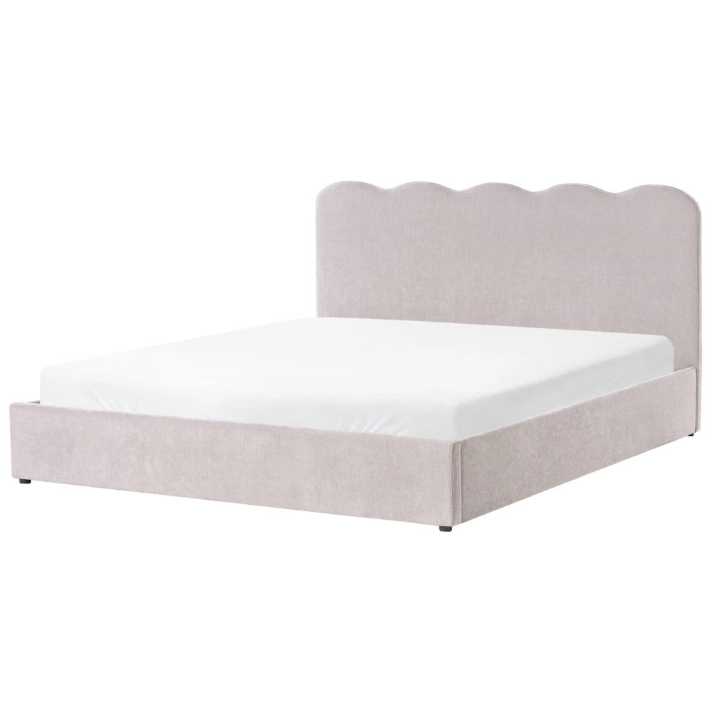 Letto in tessuto di ciniglia imbottito color tortora 180 x 200 cm contenitore elevabile con testiera e rete a doghe