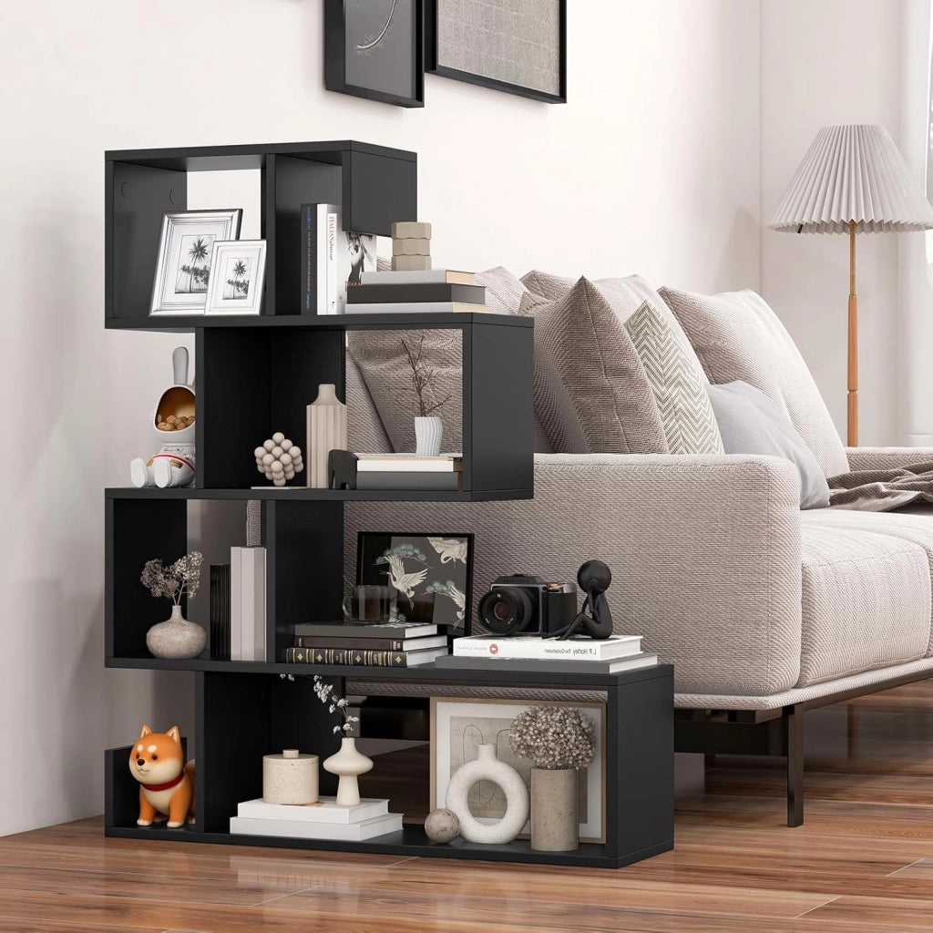 Libreria a Forma di S a 4 Ripiani, Scaffale Aperto Portaoggetti in Legno, Scaffale Verticale Separatore Multifunzionale, per Camera da Letto, Studio, Soggiorno, 80 x 22 x 100 cm (Nero)