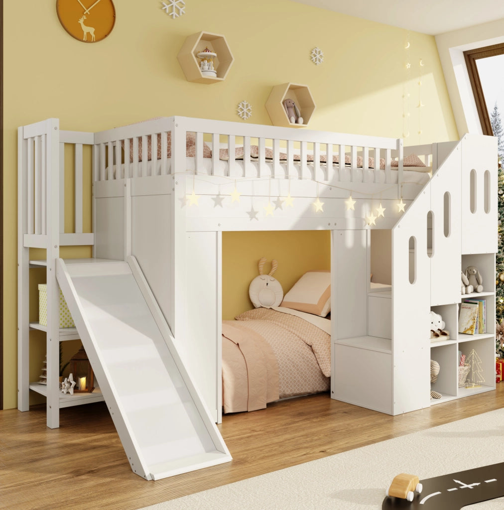 Letto a soppalco per bambini 90x200 cm con scivolo; scala contenitore e LED; in pino bianco