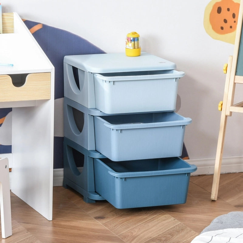 Mobile contenitore per bambini con 3 cassetti estraibili in plastica blu 37x37x56,5 cm