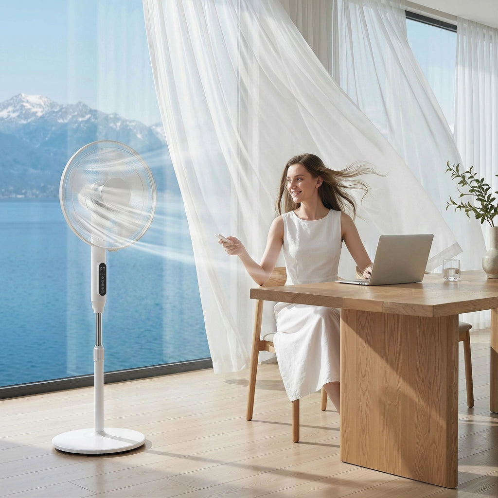 Ventilatore da Terra 45x42x138 cm con Telecomando 3 Velocità e 2 Modalità in ABS PP Acciaio Bianco