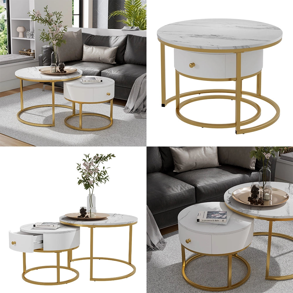 Vicco Set di tavolini Marmo bianco 70 x 70 cm , tavolino con cassetto