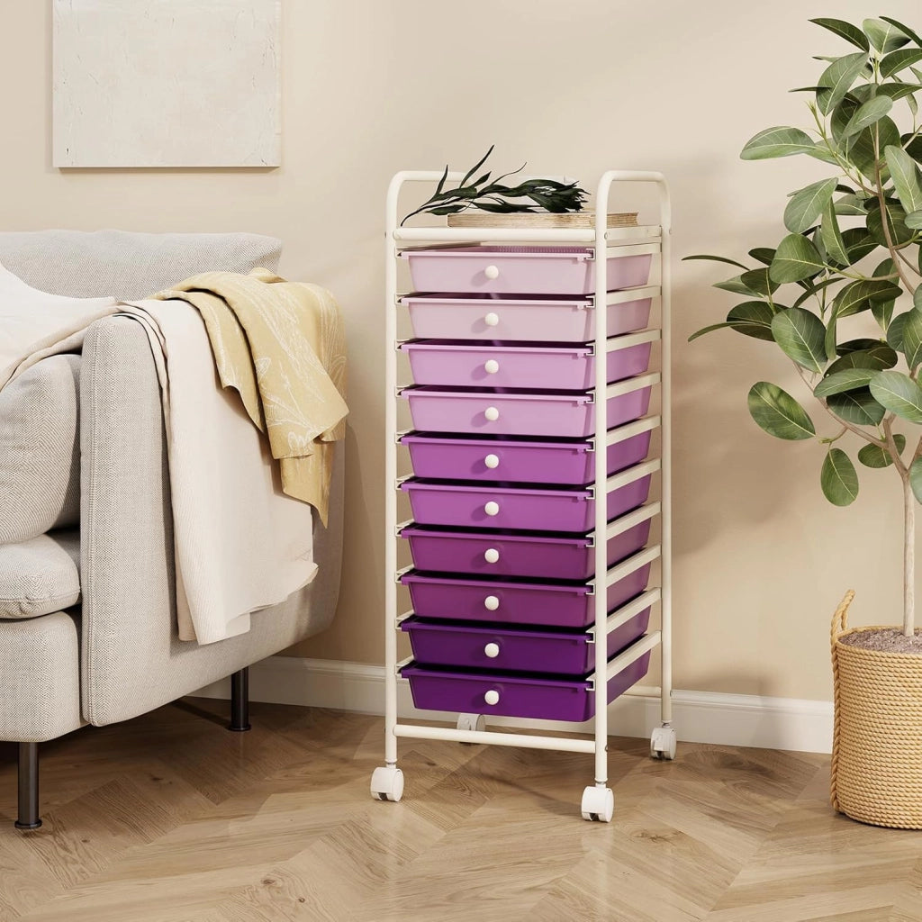 Carrello con 10 Cassetti da Stoccaggio, Cassettiera di Metallo e Plastica, Contenitore Multiuso con Ruote a Freno, per Casa e Ufficio (Viola)