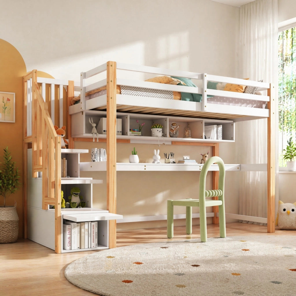Letto a soppalco per bambini con scrivania integrata e scala contenitore, 90x200 cm, Bianco/Quercia